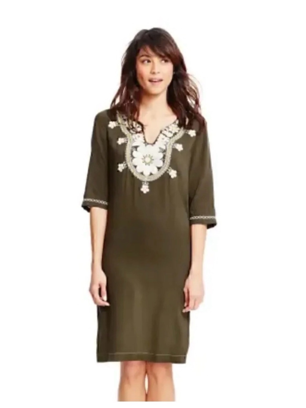 Boden Olive Green Arianne Embroidered Floral Dress - Size 10R - viscose